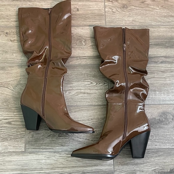 Nasty Gal Faux Patent Leather Tall Brown Boots 3.5" heels women’s size 8 EUC - Picture 2 of 11
